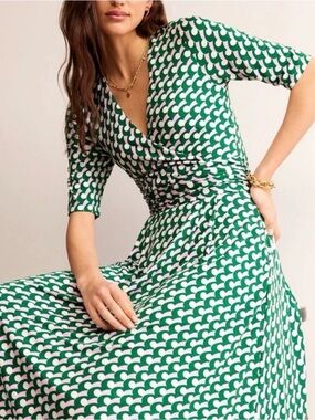 Boden Green and White Geometric Wrap-Style Midi Dress